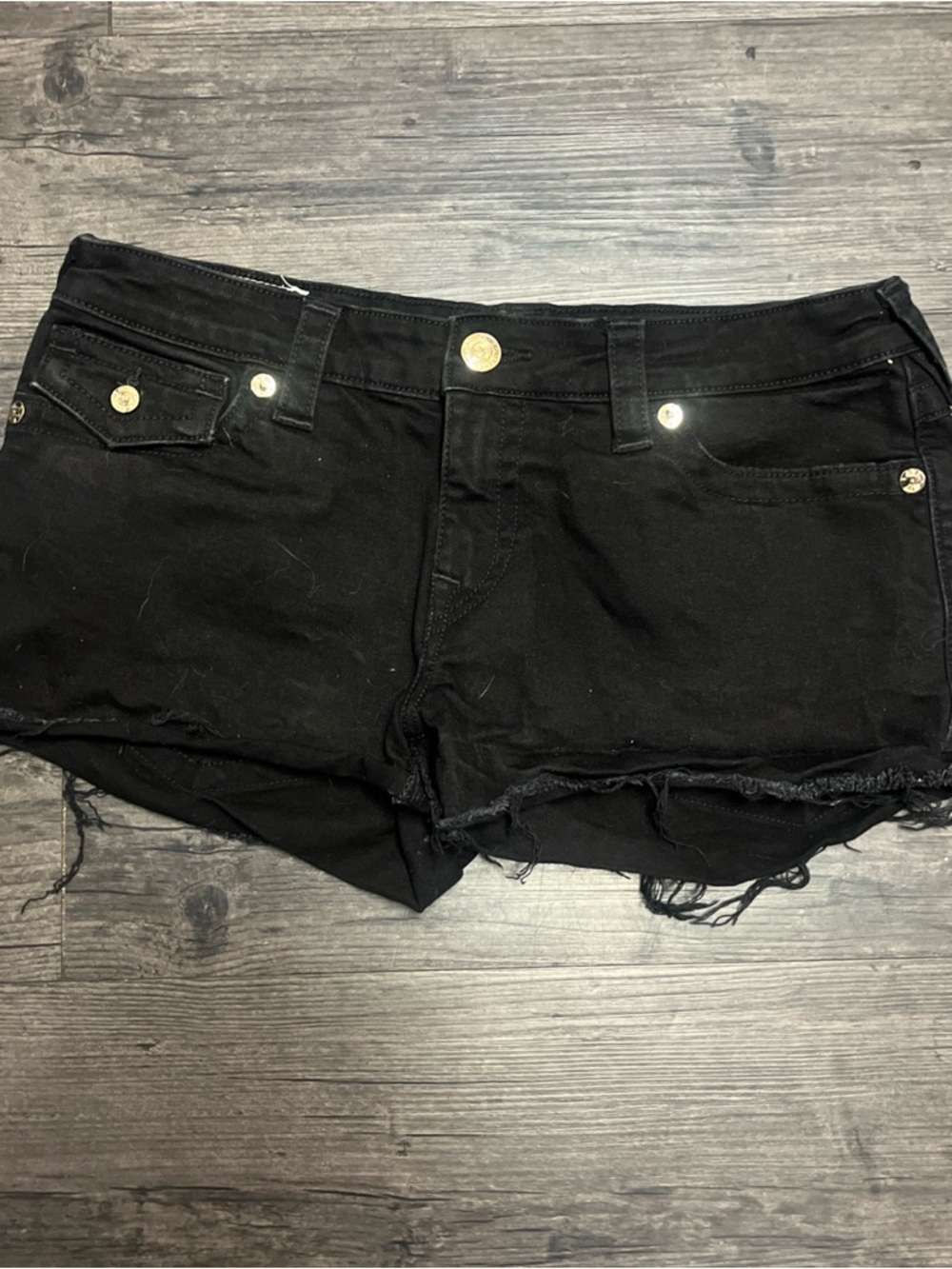 True religion low rise Women's Black Denim Cutoff Shorts with Distressed Hem